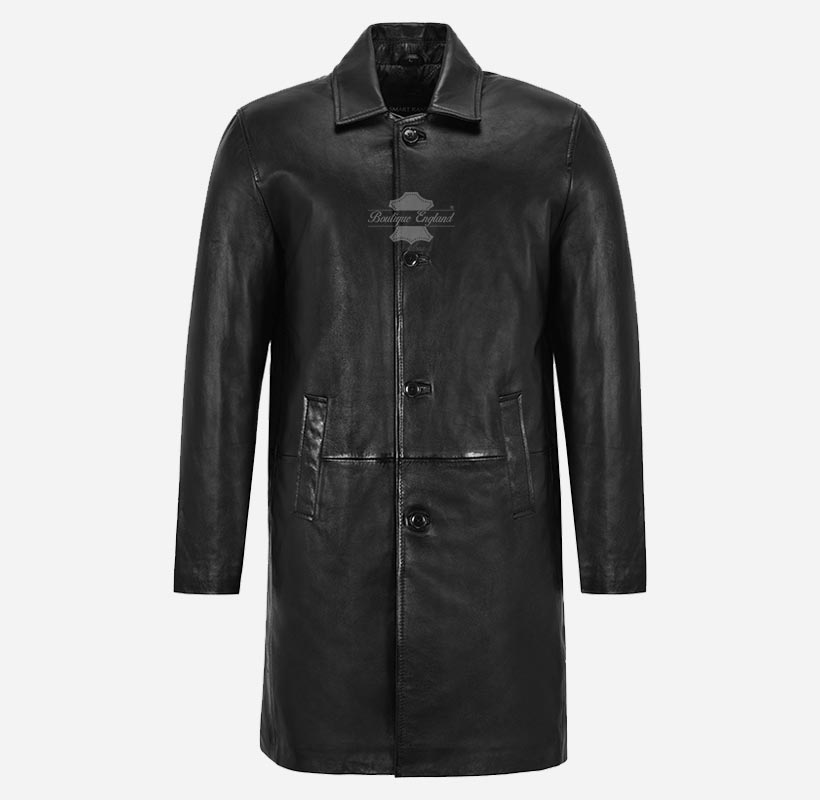 CITY Black Knee Length Leather Coat For Men's