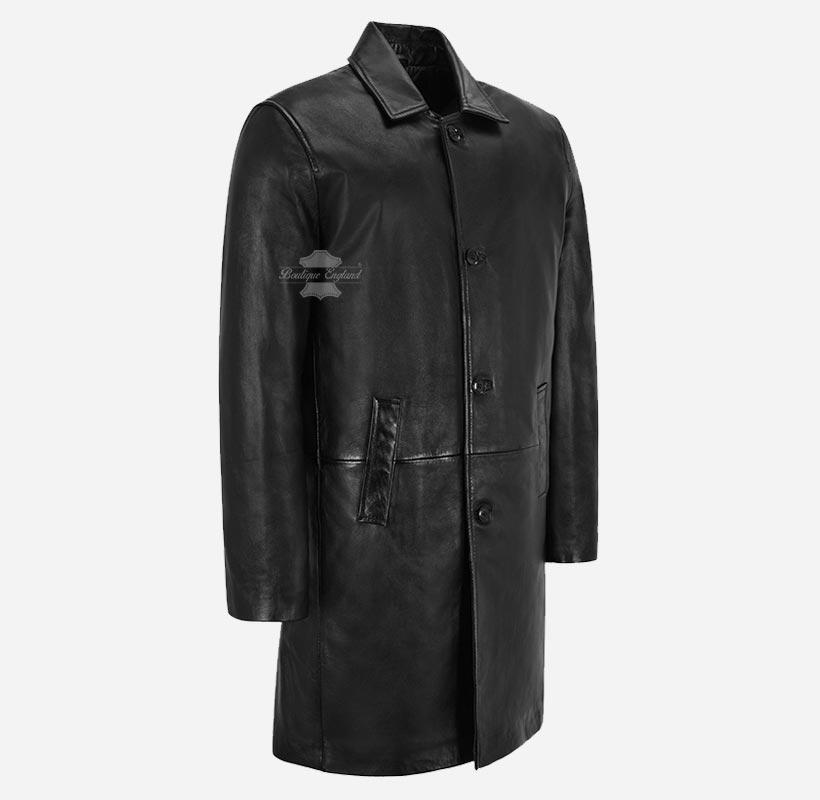 CITY Black Knee Length Leather Coat For Men's