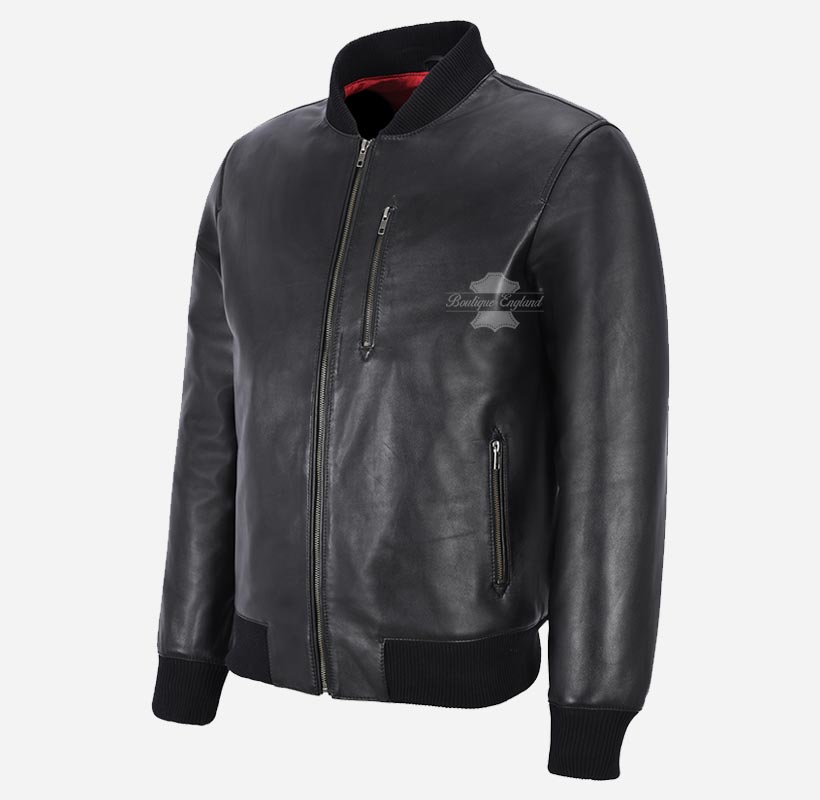 LIAM Mens Leather MA-1 Bomber Jacket Black