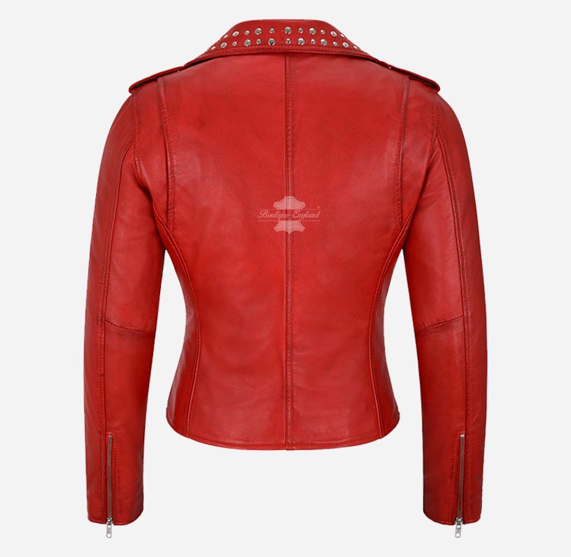 BRANDO Ladies Studded Collar Leather Biker Jacket Fitted Jacket