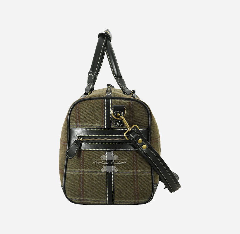 Tweed Fabric Large Holdall Weekend Bag with Leather Detailing