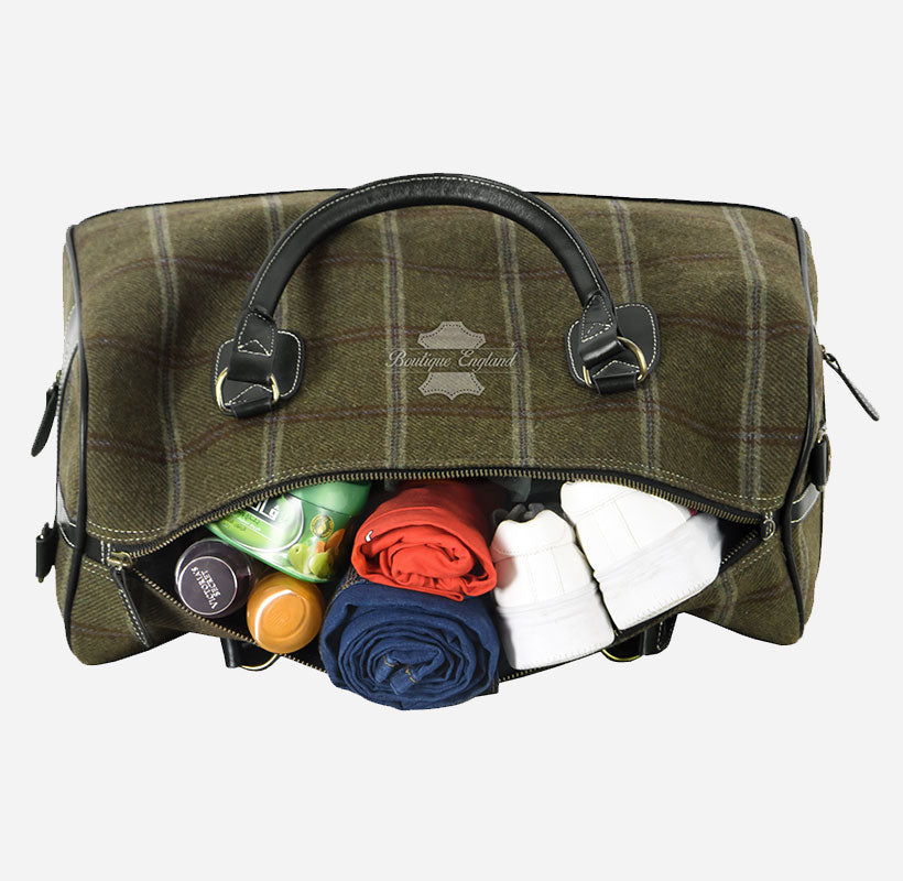 Tweed Fabric Large Holdall Weekend Bag with Leather Detailing