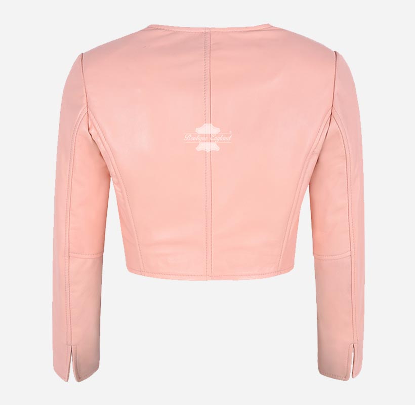 MARTY Women Collarless Cropped Leather Jacket Leather Shrug