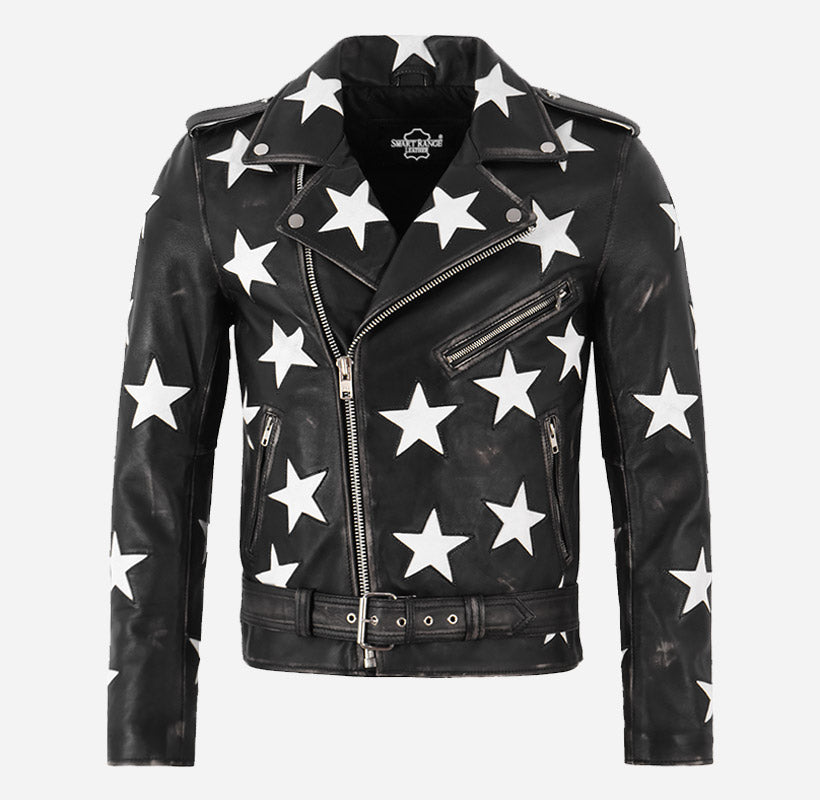 BRANDO Men's Leather Biker Jacket with Star Accents