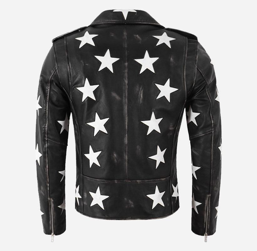 BRANDO Men's Leather Biker Jacket with Star Accents