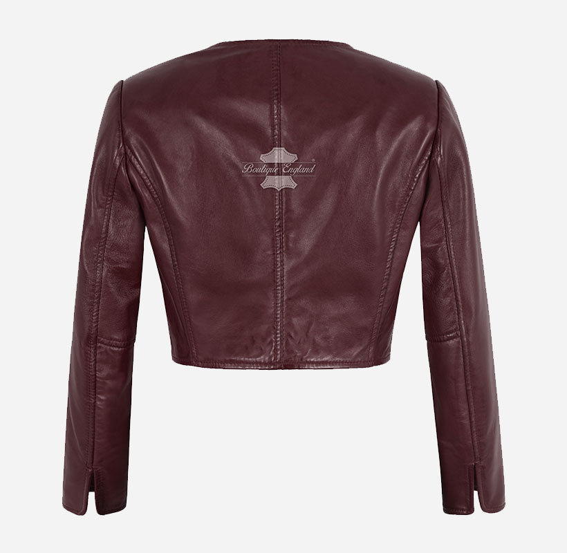 MARTY Women Collarless Cropped Leather Jacket Leather Shrug