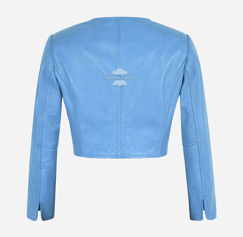 MARTY Women Collarless Cropped Leather Jacket Leather Shrug
