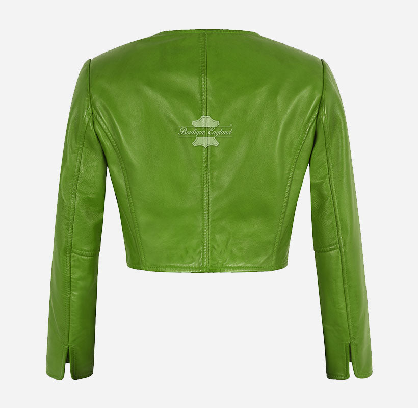 MARTY Women Collarless Cropped Leather Jacket Leather Shrug