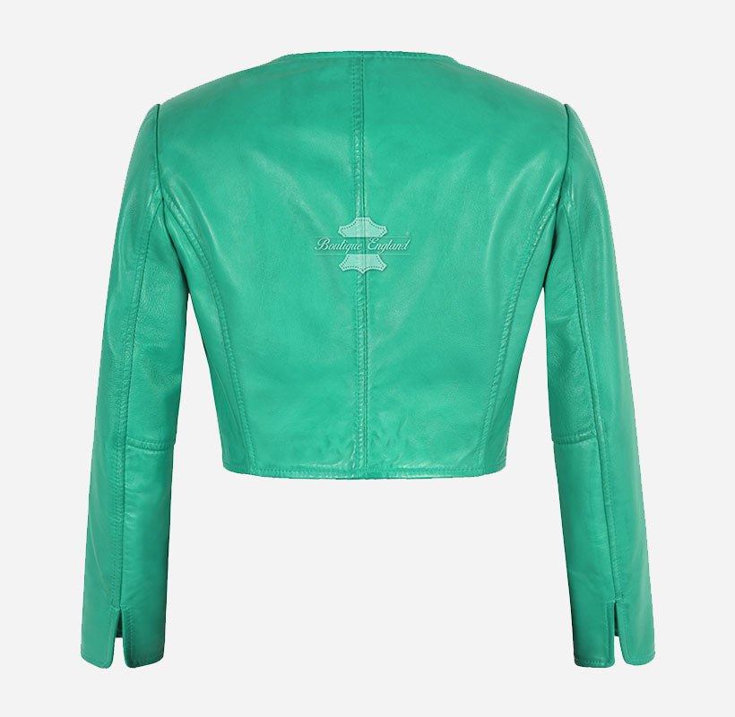 MARTY Women Collarless Cropped Leather Jacket Leather Shrug