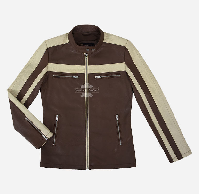 BLITZAR Women's Leather Racer Jacket in Brown