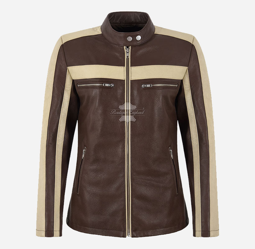 BLITZAR Women's Leather Racer Jacket in Brown