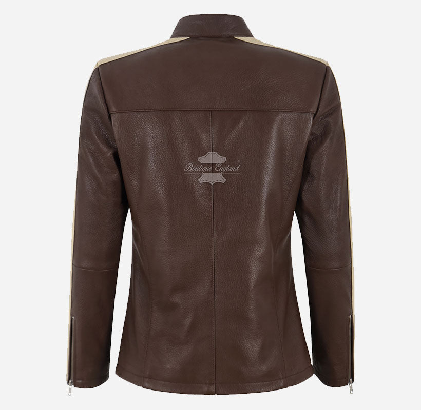 BLITZAR Women's Leather Racer Jacket in Brown