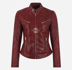 SPEEDSTER Women's Leather Racer Jacket Dark Red