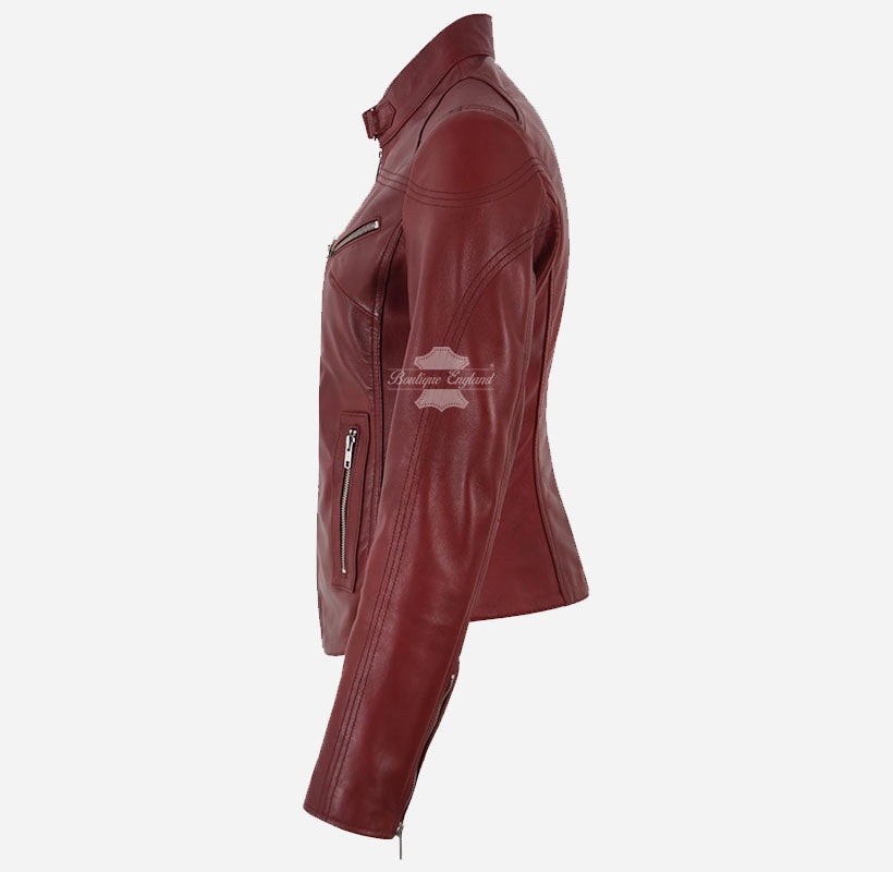 SPEEDSTER Women's Leather Racer Jacket Dark Red