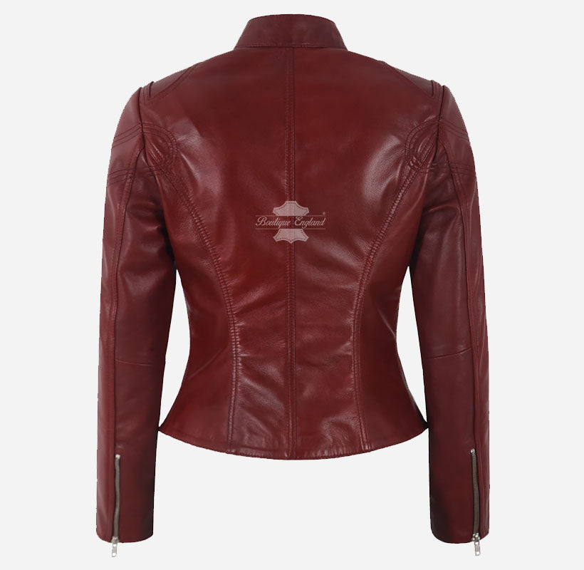 SPEEDSTER Women's Leather Racer Jacket Dark Red