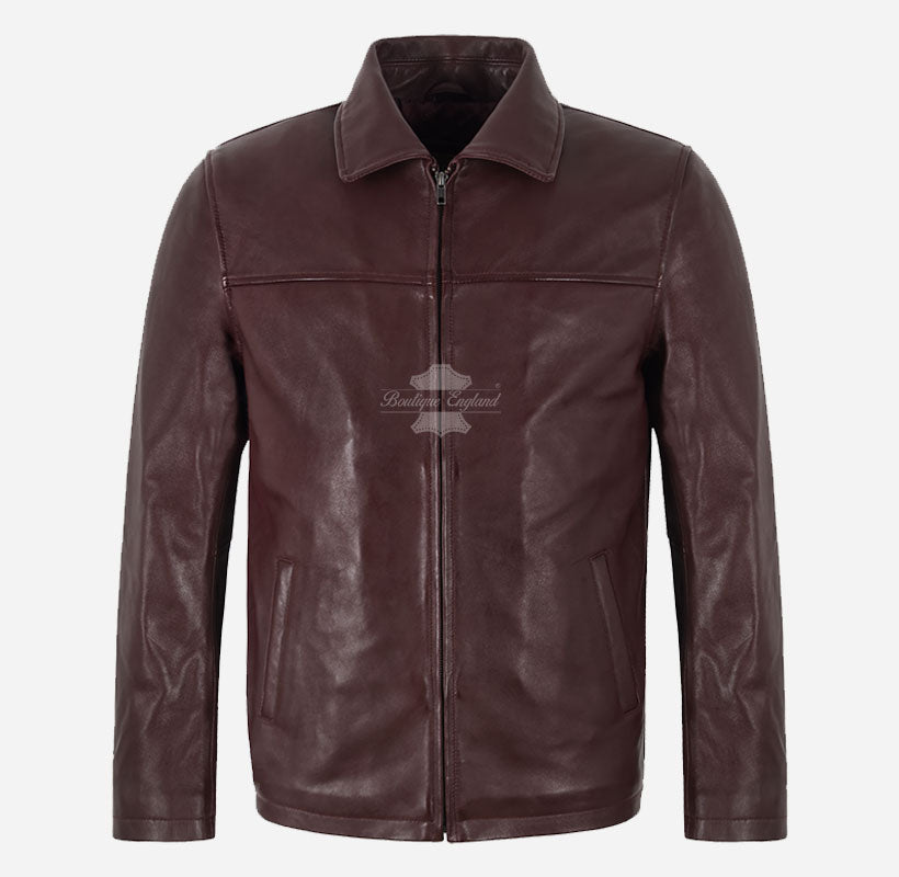 NOBLE Men's Classic Collared Leather Jacket in Burgundy