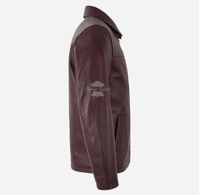NOBLE Men's Classic Collared Leather Jacket in Burgundy