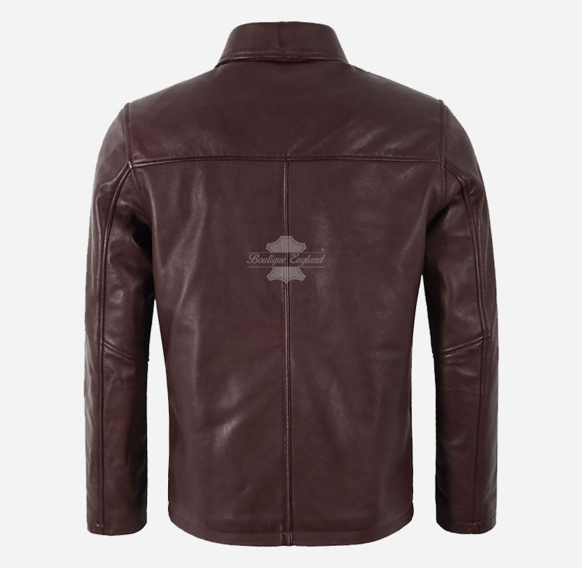 NOBLE Men's Classic Collared Leather Jacket in Burgundy