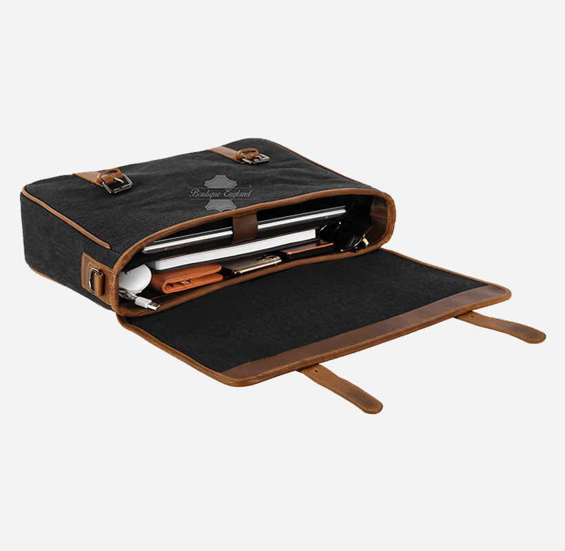 Black Canvas Messenger Bag with Leather Detailing Laptop-Friendly Work Satchel