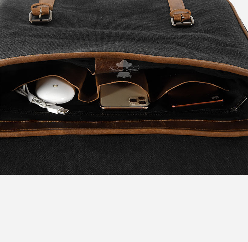 Black Canvas Messenger Bag with Leather Detailing Laptop-Friendly Work Satchel