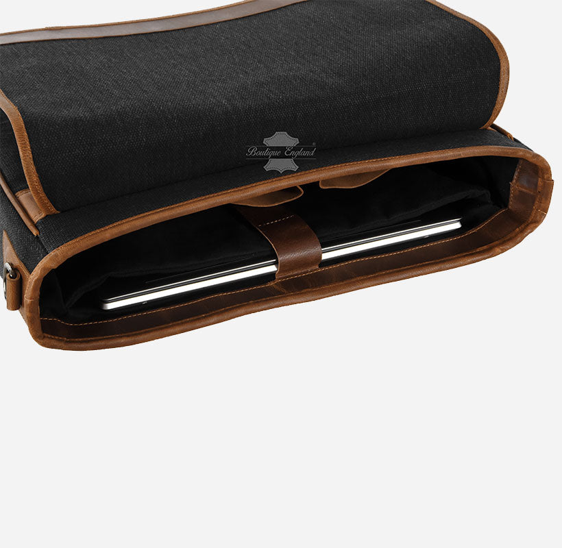 Black Canvas Messenger Bag with Leather Detailing Laptop-Friendly Work Satchel