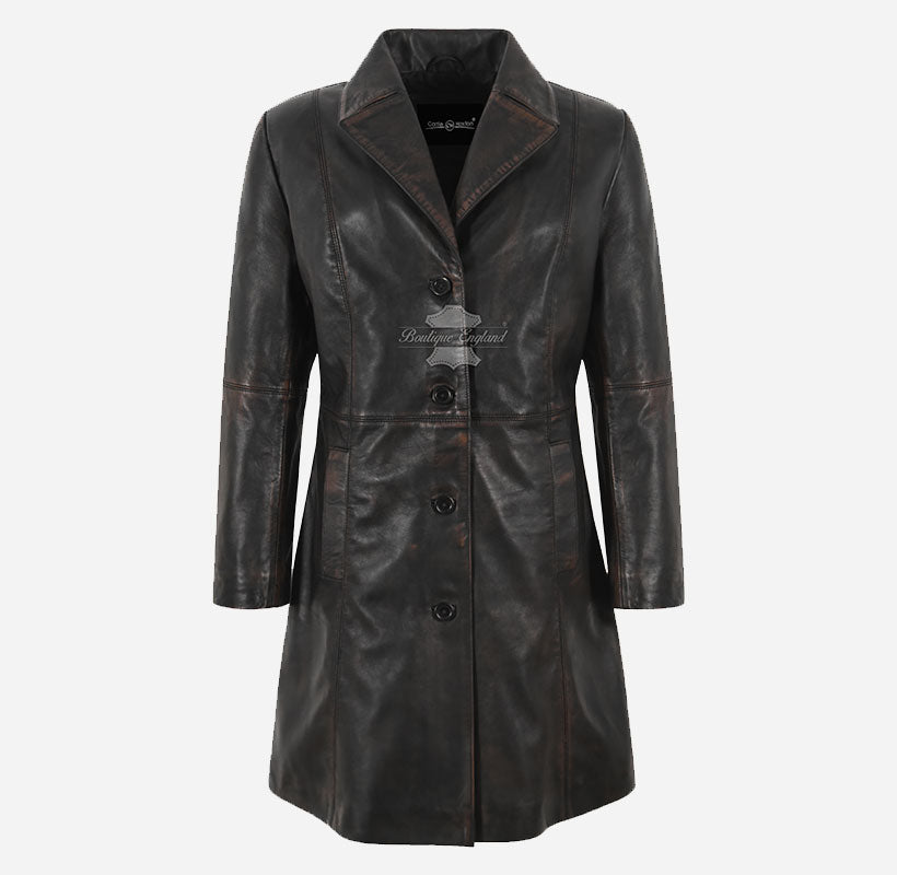 ELEGANT Women's Leather Coat Classic 3/4 Length Coat