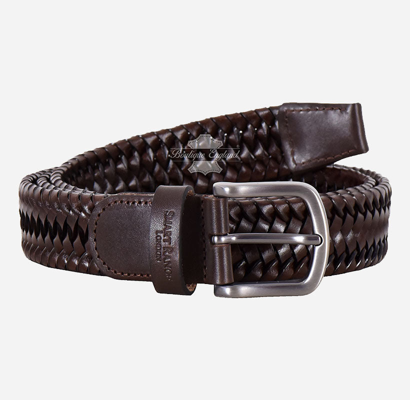 Men's Woven Braided Leather Belt with Metallic Buckle