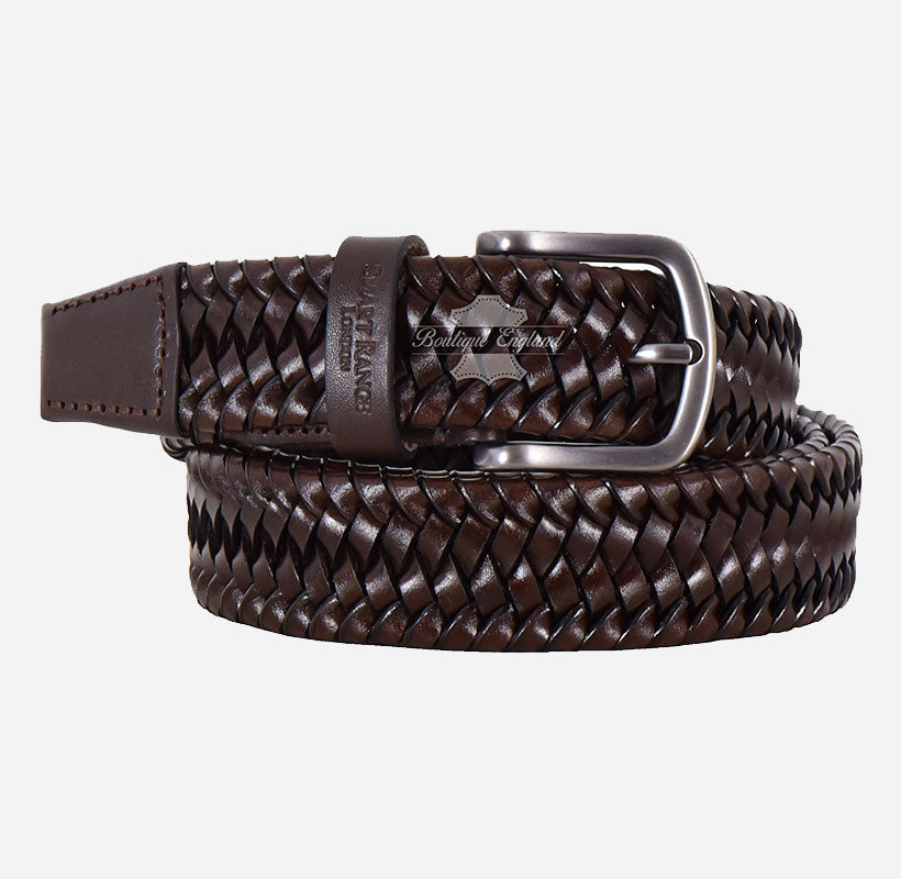 Men's Woven Braided Leather Belt with Metallic Buckle