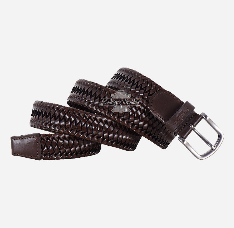 Men's Woven Braided Leather Belt with Metallic Buckle
