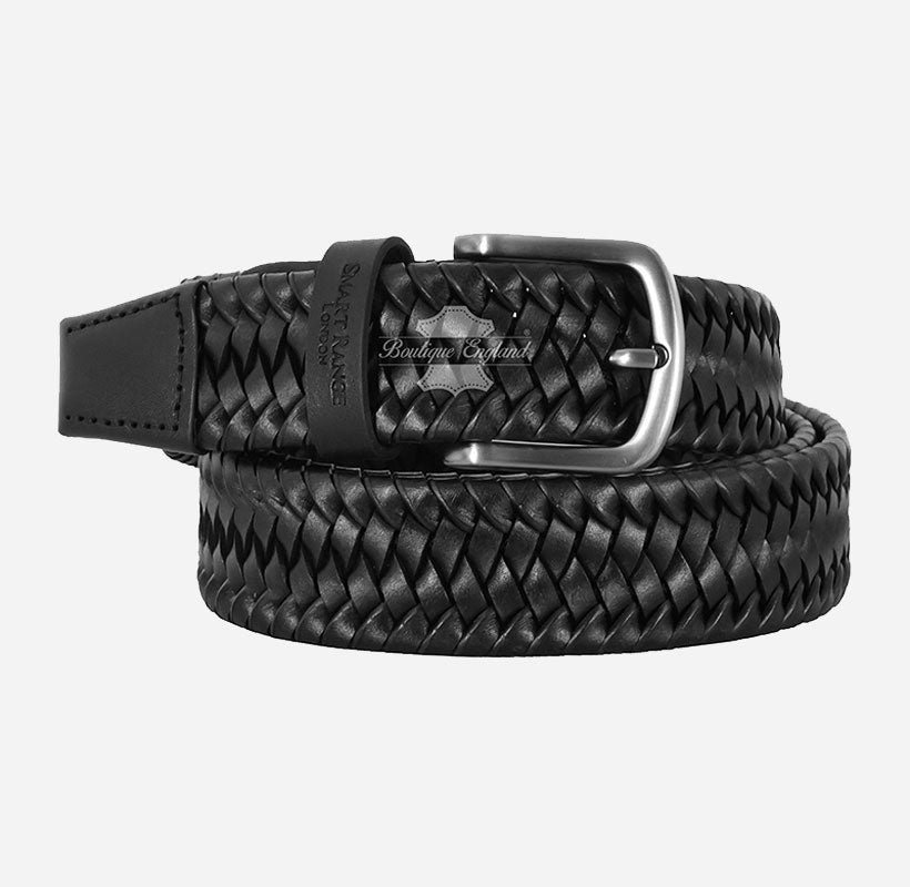 Men's Woven Braided Leather Belt with Metallic Buckle