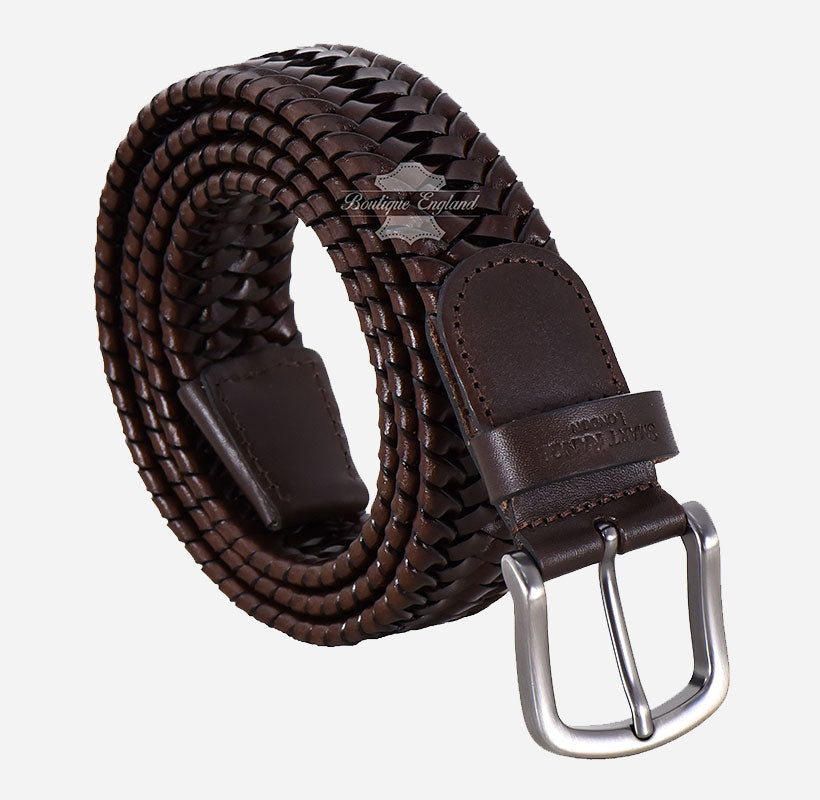 Men's Woven Braided Leather Belt with Metallic Buckle