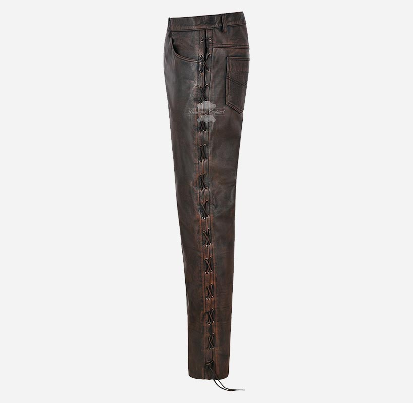 Men's Biker Laced Leather Pants Thick Cowhide Vintage Leather Pants