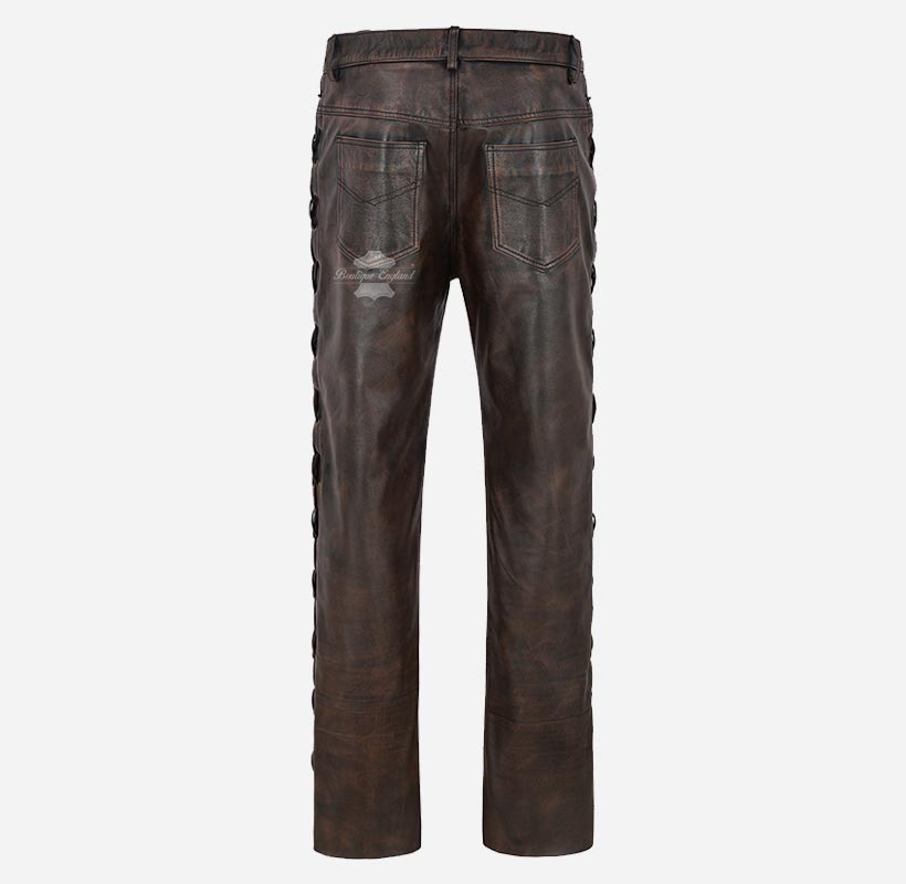 Men's Biker Laced Leather Pants Thick Cowhide Vintage Leather Pants