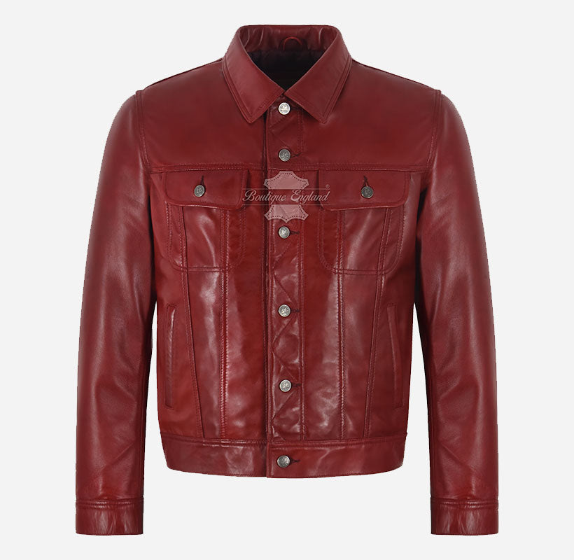 TRUCKER Men's Denim Style Leather Jacket Red