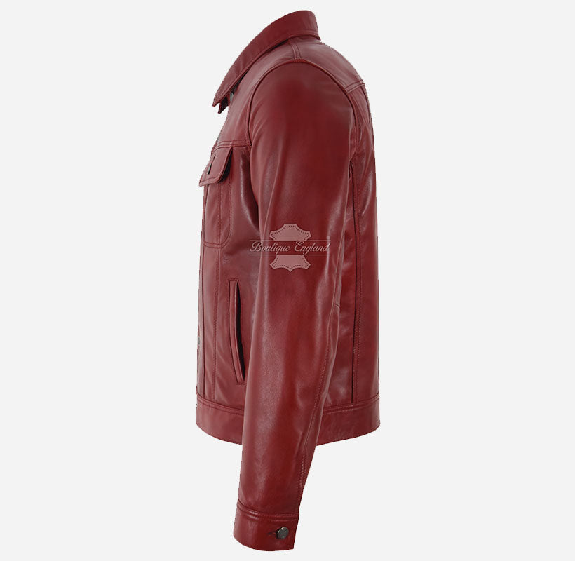 TRUCKER Men's Denim Style Leather Jacket Red