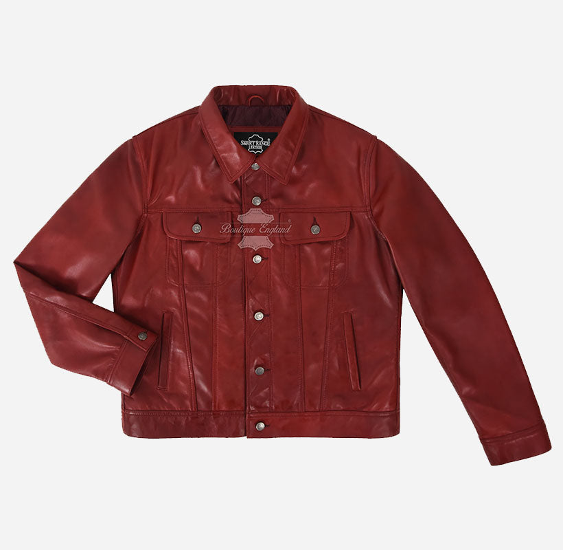 TRUCKER Men's Denim Style Leather Jacket Red