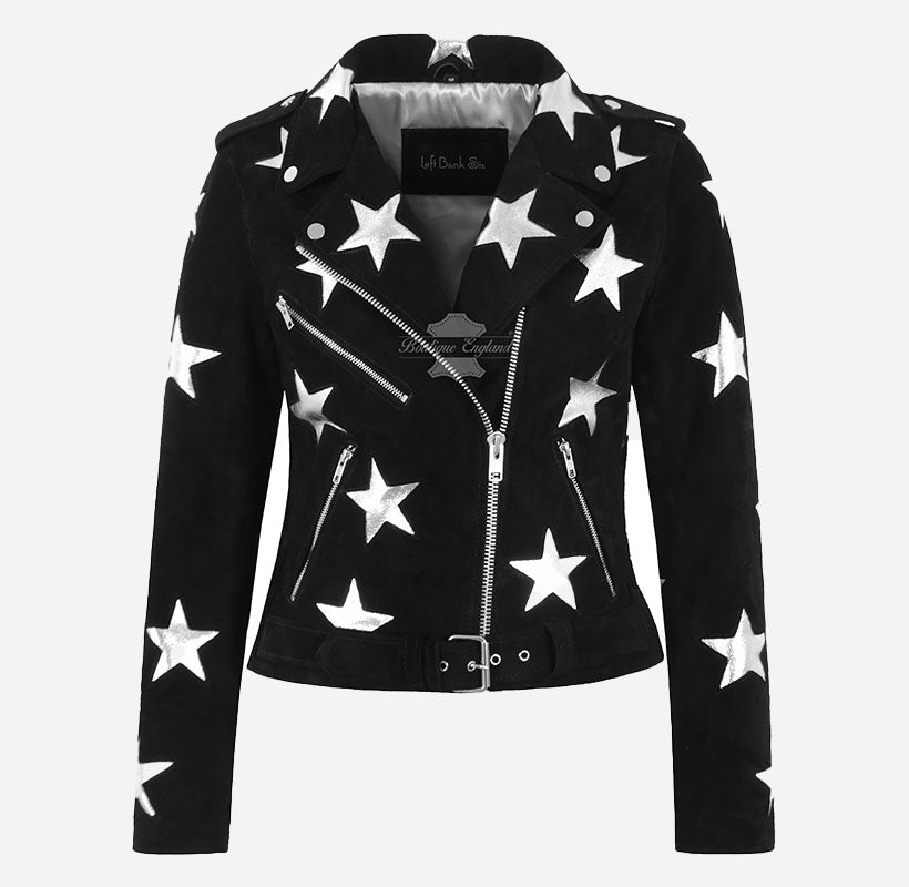 BRANDO STAR Suede Biker Jacket with Silver Star Accents