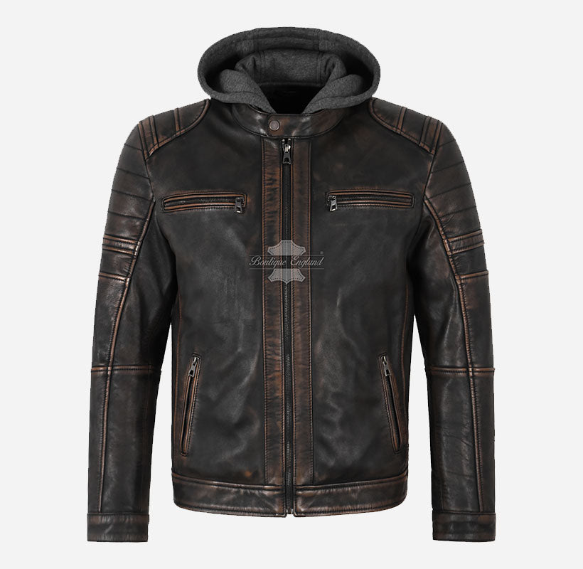 ARTEM Men's Leather Jacket with Removable Fabric Hoodie
