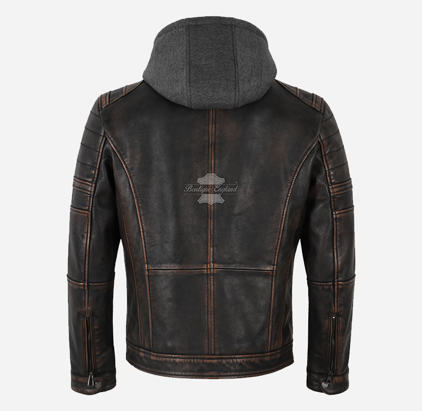 ARTEM Men's Leather Jacket with Removable Fabric Hoodie