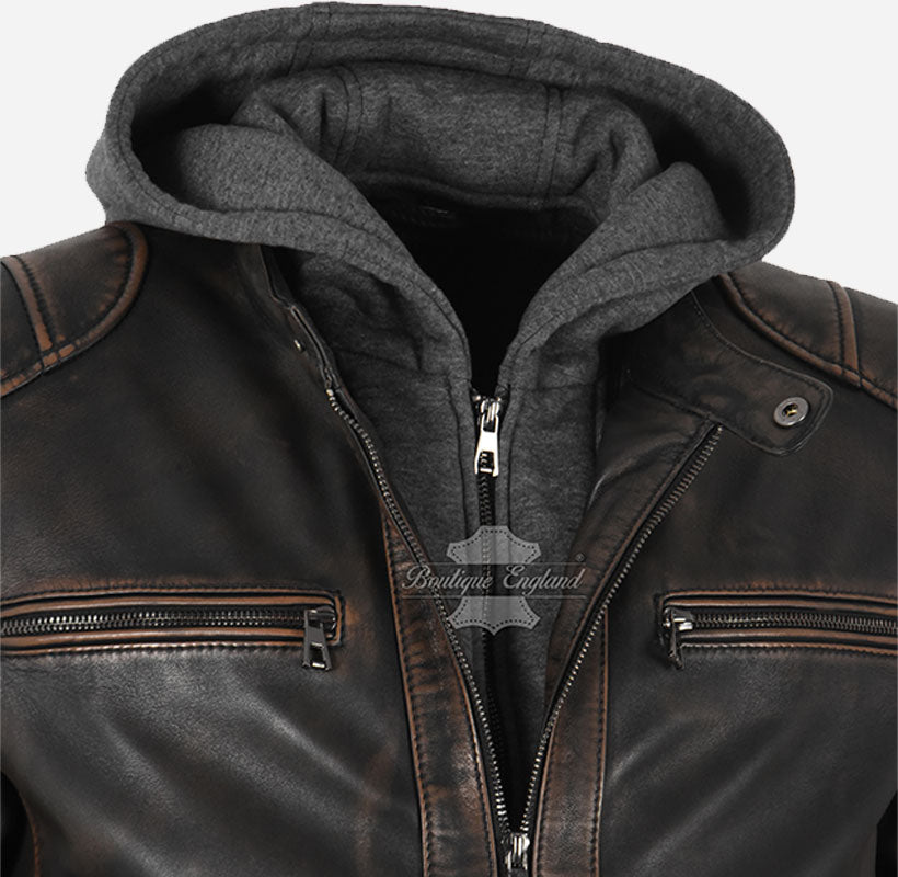 ARTEM Men's Leather Jacket with Removable Fabric Hoodie