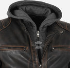 ARTEM Men's Leather Jacket with Removable Fabric Hoodie