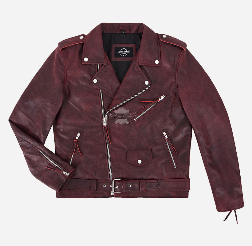 ROCKSTAR Men's Leather Biker Jacket Red Waxed