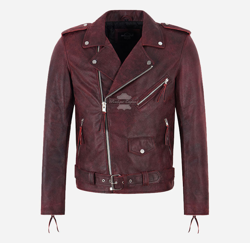 ROCKSTAR Men's Leather Biker Jacket Red Waxed