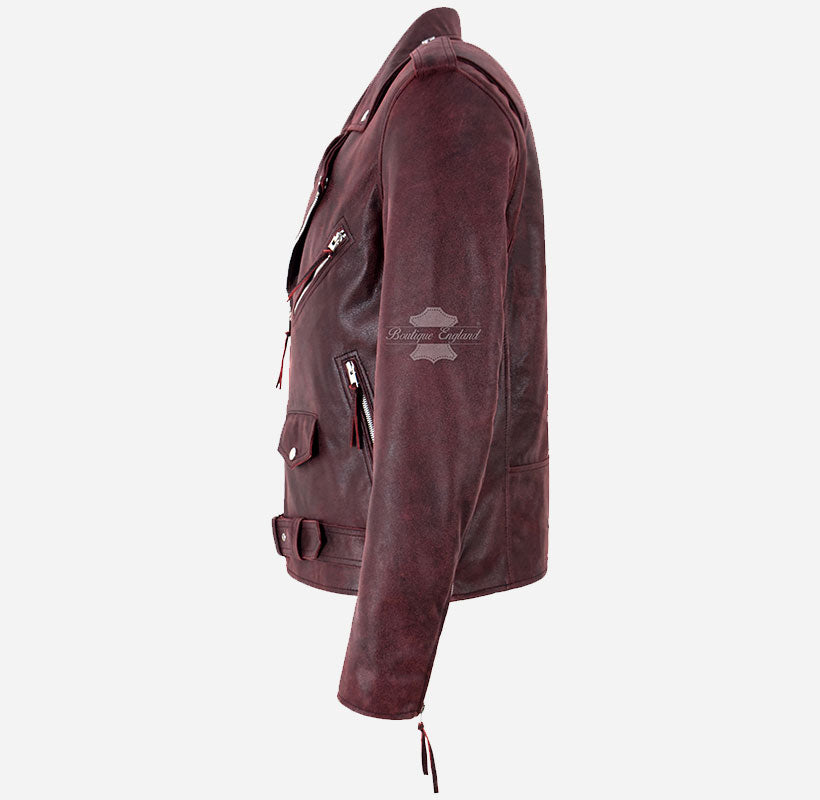 ROCKSTAR Men's Leather Biker Jacket Red Waxed