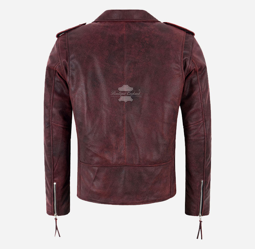 ROCKSTAR Men's Leather Biker Jacket Red Waxed