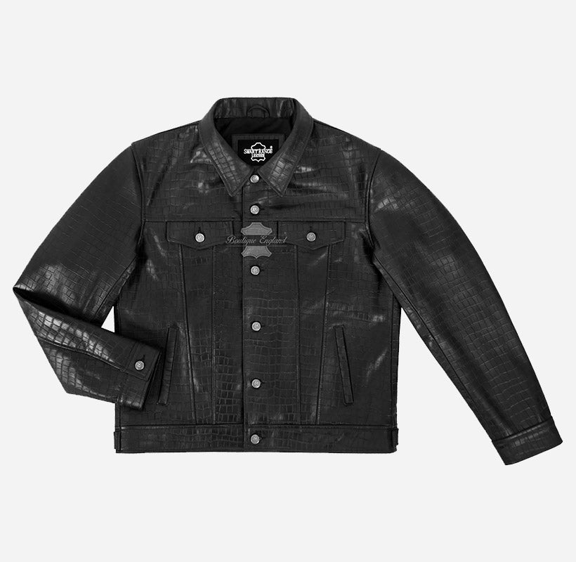 RASHFORD Men's Croc Print Leather Trucker Jacket