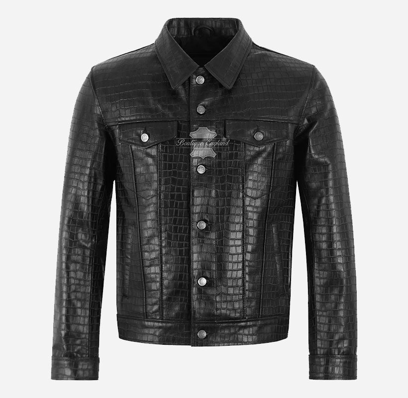 RASHFORD Men's Croc Print Leather Trucker Jacket