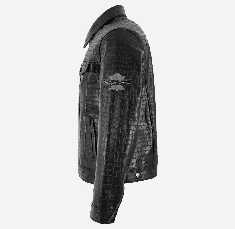 RASHFORD Men's Croc Print Leather Trucker Jacket