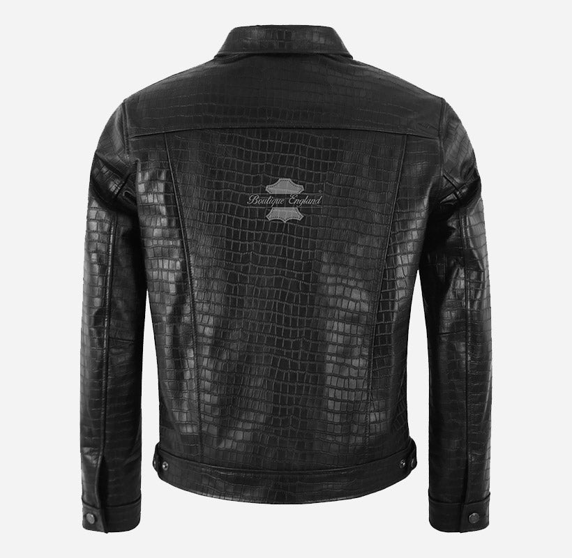 RASHFORD Men's Croc Print Leather Trucker Jacket