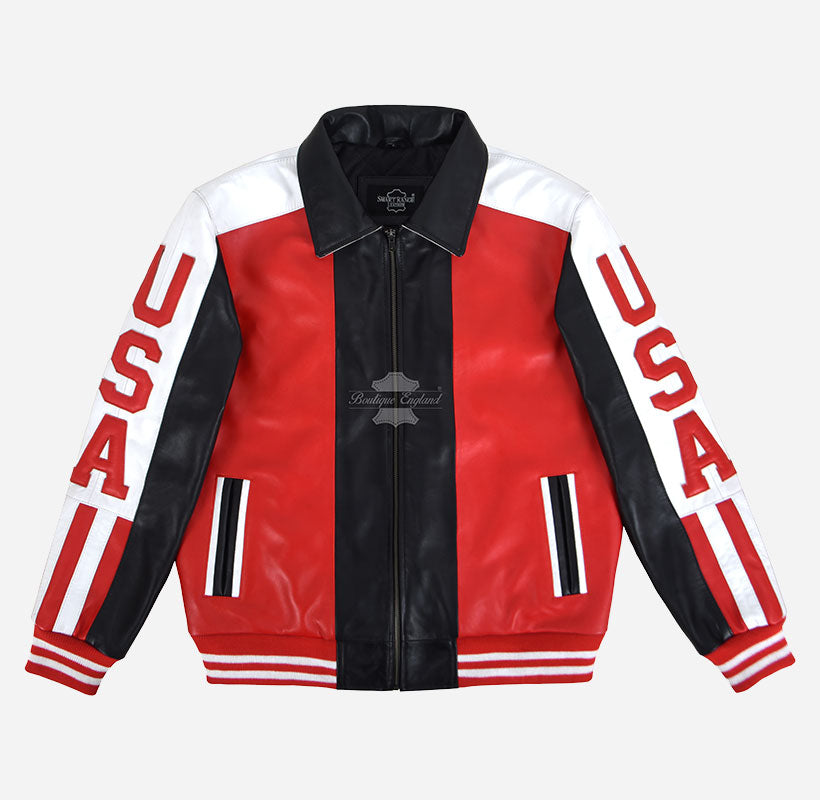 90's Style USA American Flag Leather Bomber Jacket For Men's